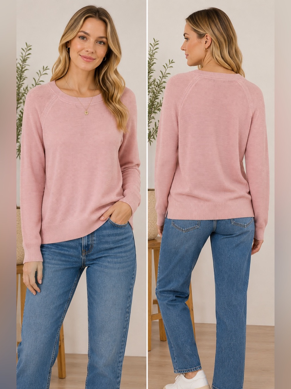 J.Crew 100% Cotton Textured Crewneck Sweater | NWT | Size Large | Blush Pink